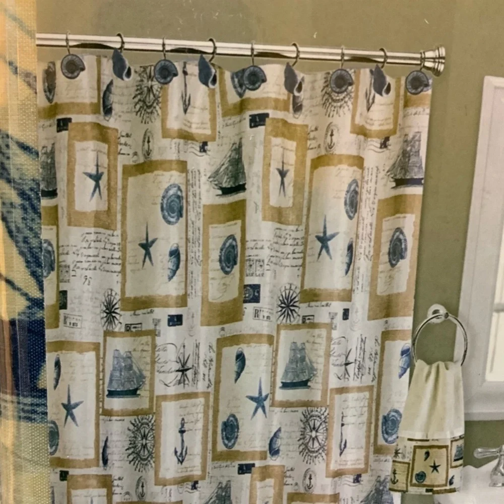 Nautical Fabric Shower Curtain Beach White Beige Blue 70 x 72 in NEWv